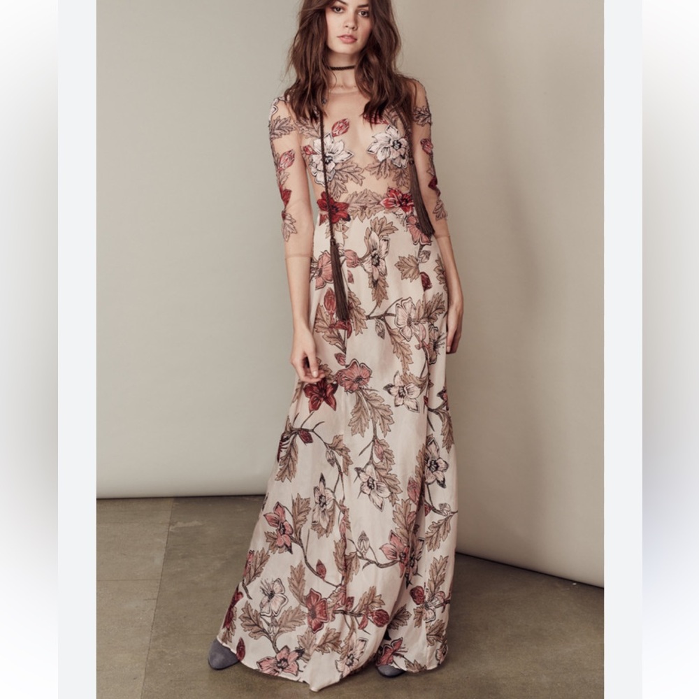 For Love & Lemons Sierra Silk Maxi Dress in Blush Floral Size XS